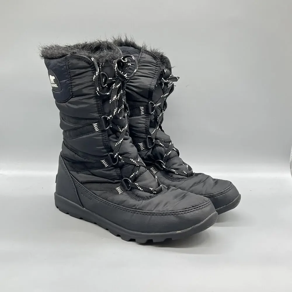 Sorel Boots Womens 9.5 Black Nylon Waterproof Mid Calf Faux Fur Snow Shoes